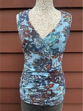Tribal Sleeveless Floral Print Top Blue